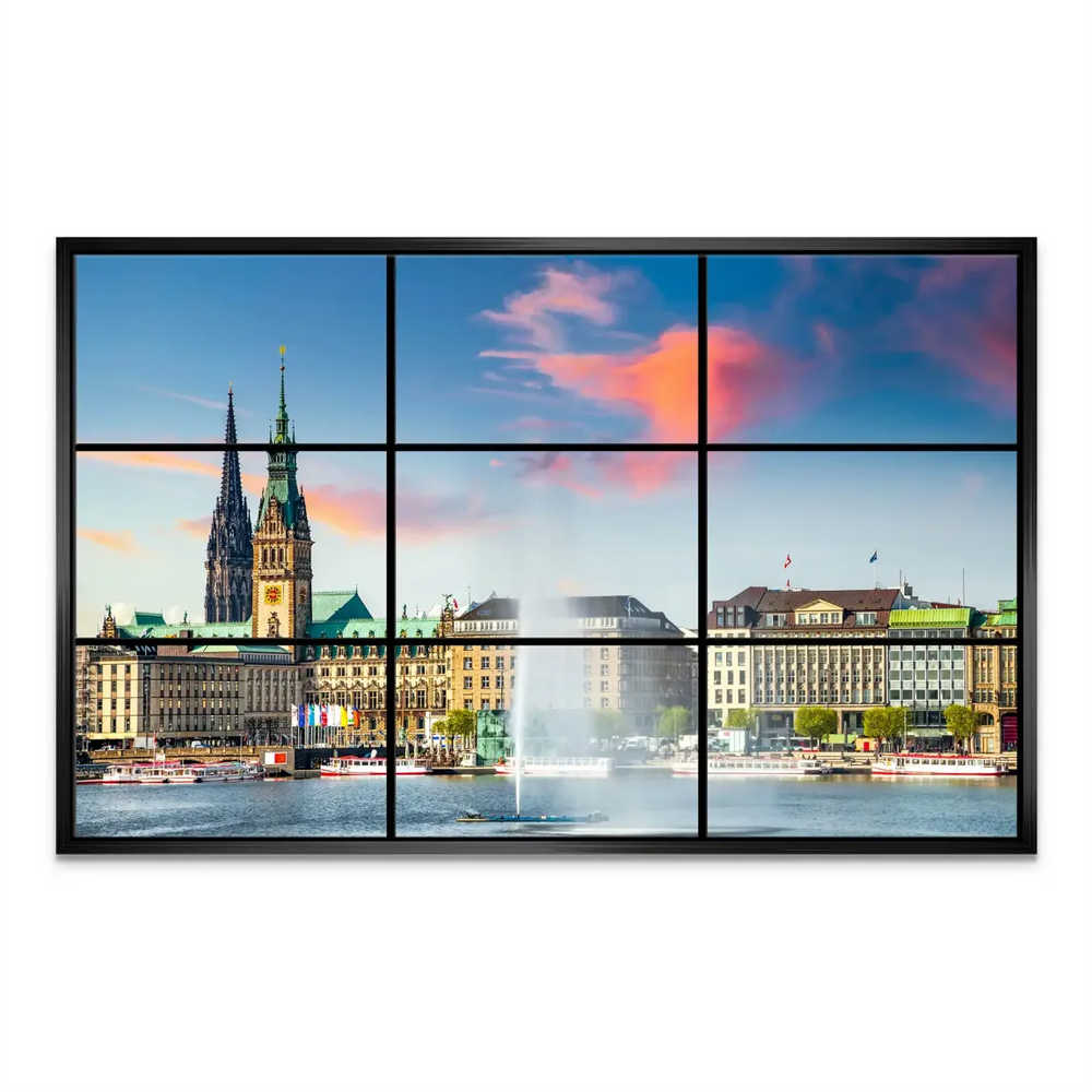 Vibrant Hamburg skyline at dusk with reflections on Inner Alster Lake.