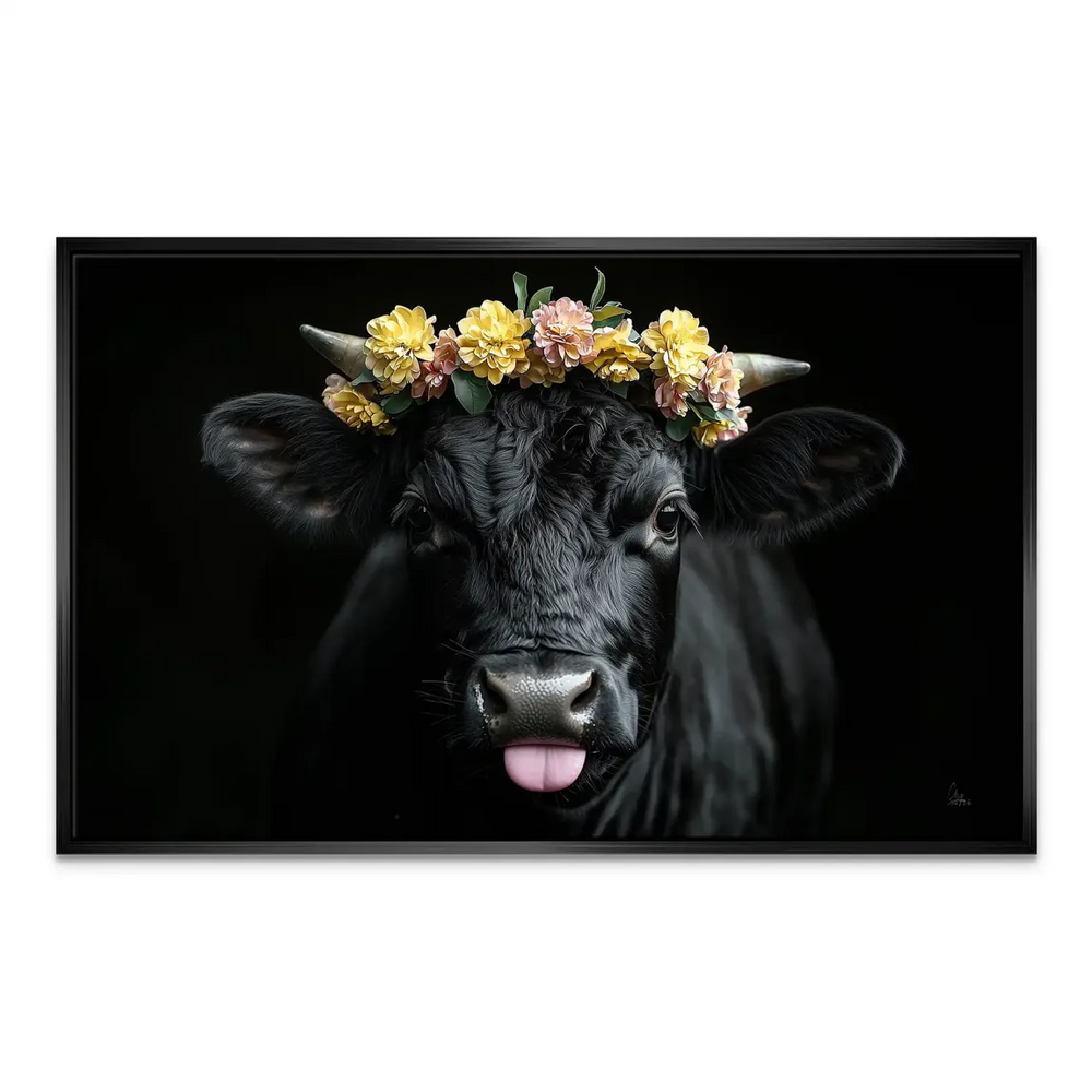 Boho chic cow canvas print with flowers