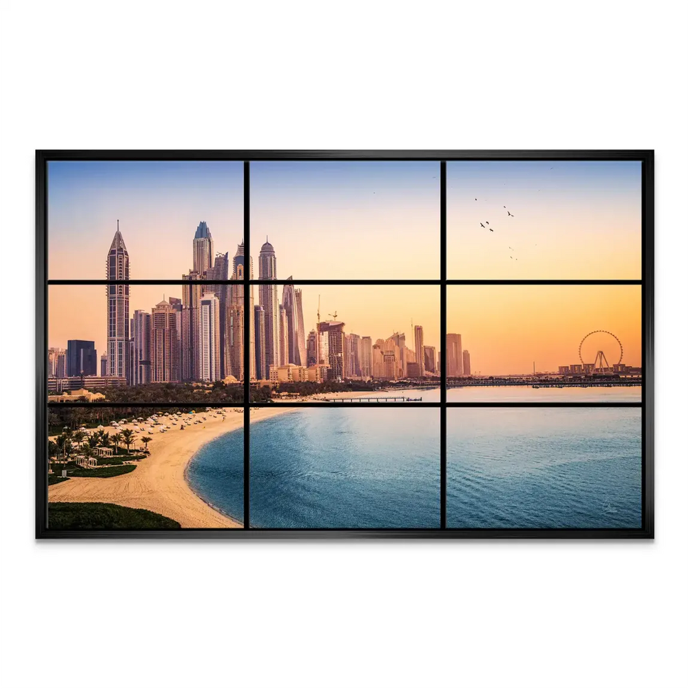 The artwork arranged as a modern 3x3 grid resembling a window or triptych