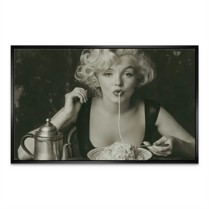 Sepia-toned Marilyn canvas artwork for living rooms and kitchens with a whimsical pasta motif