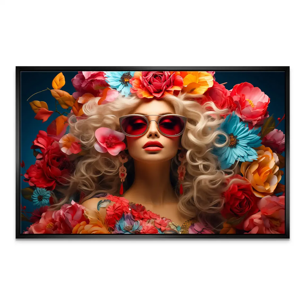 Contemporary wall art featuring a colorful cascade of blooms around a stylish figure.