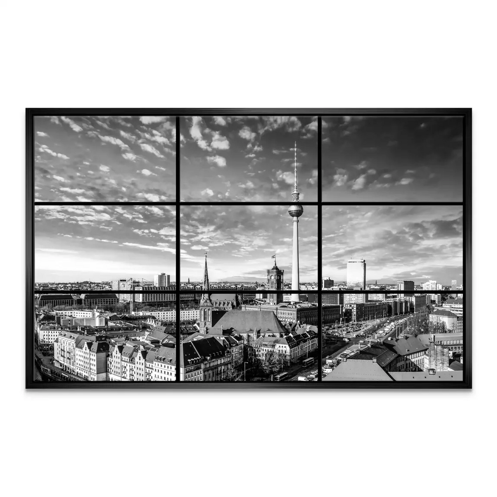 Sixth panel reveals distant cityscape depth with more high-rise silhouettes in grayscale