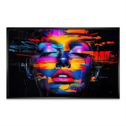 Modern wall art piece with fragmented brushstrokes and neon glow