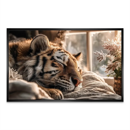 Cozy bedroom decor featuring a sleeping tiger canvas