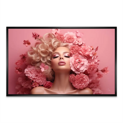 Romantic wall art: woman with pink flowers and flowing blonde hair, close-up.