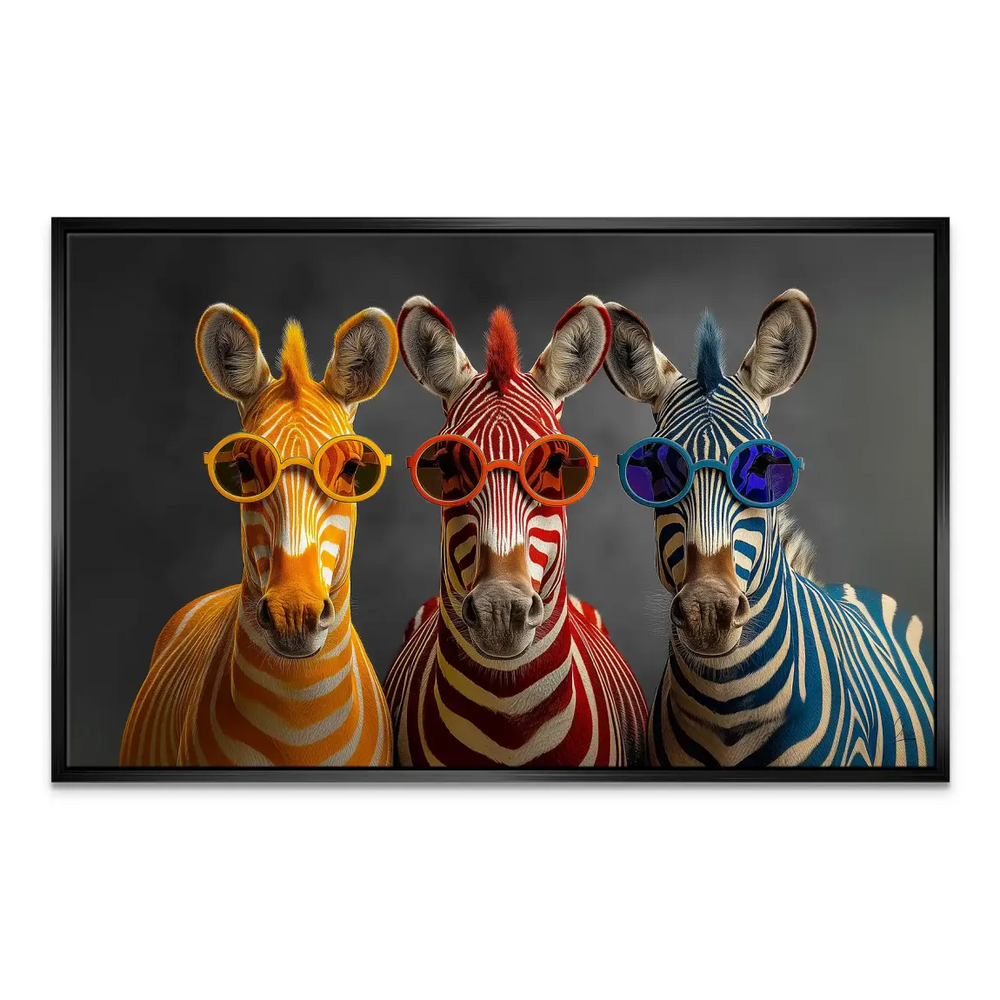 Minimalist dark backdrop highlighting saturated zebra colors in wall art.