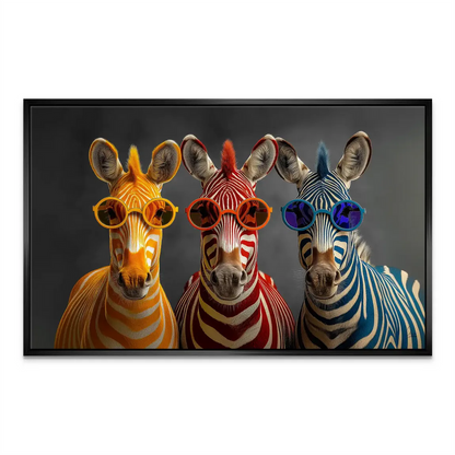 Minimalist dark backdrop highlighting saturated zebra colors in wall art.