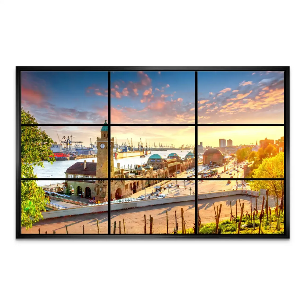 Wide panel of the Hamburg cityscape highlighting landmarks and a calm water scene at dusk.