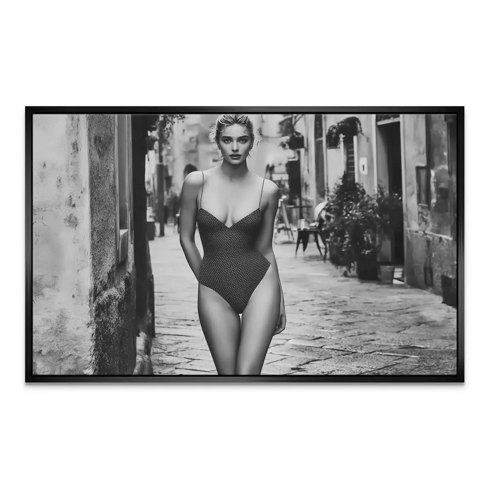 Vintage fashion photography style with a European cinema vibe.