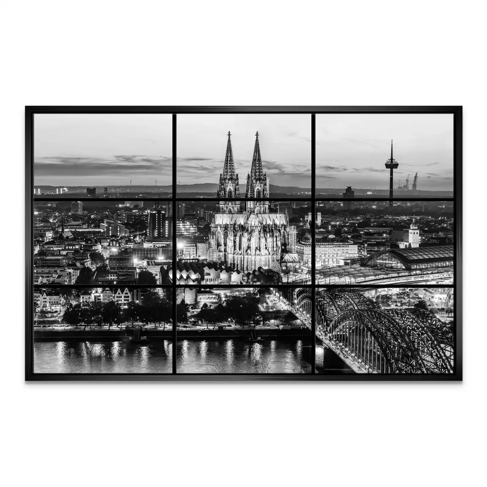 Urban skyline and riverbank captured in minimalist tones