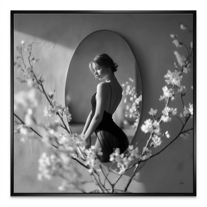 Velvet Muse Canvas Portrait - Black and White Woman Reflected in Mirror - Image 8
