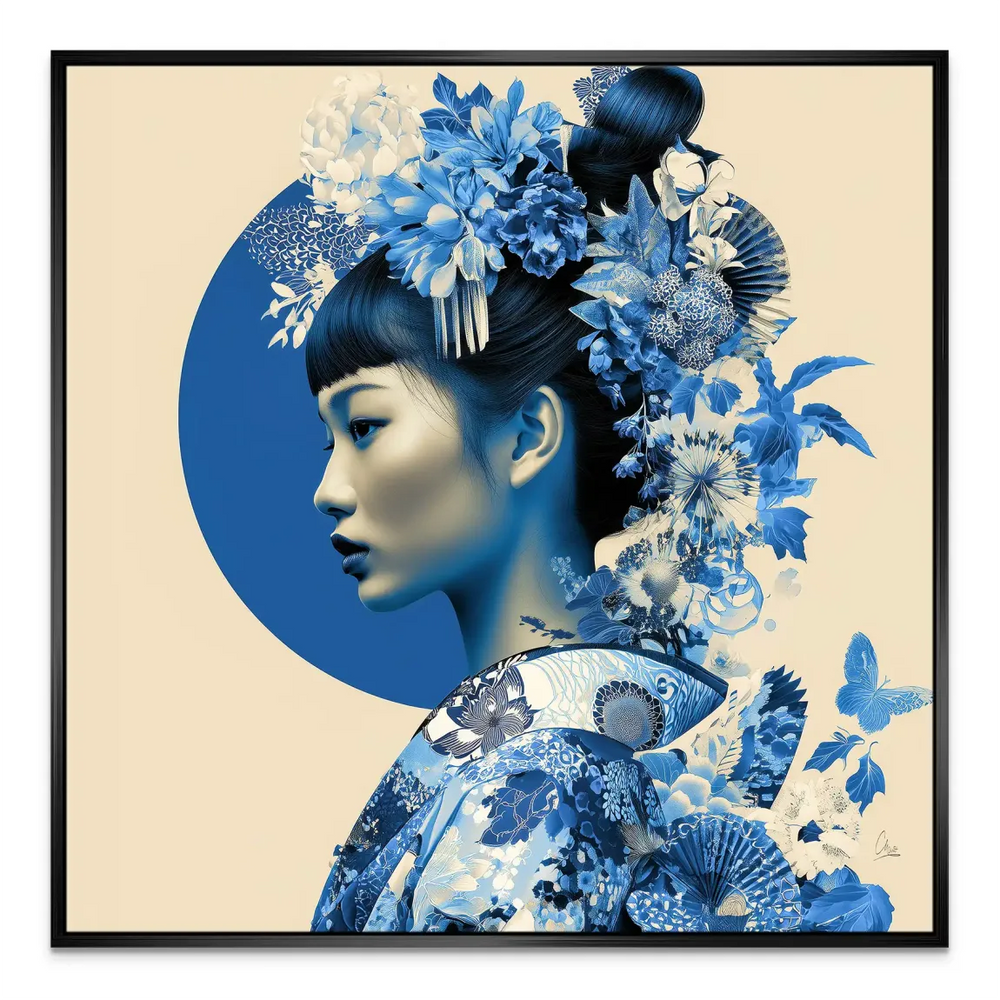Blue and white floral kimono details for wall decor