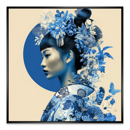 Blue and white floral kimono details for wall decor