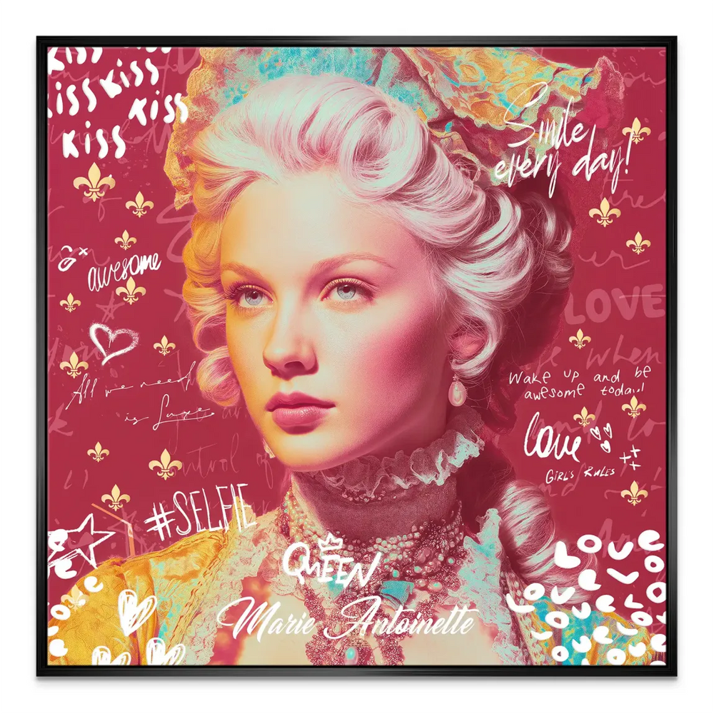 Glamorous royal portrait framed by contemporary graffiti in red tones.