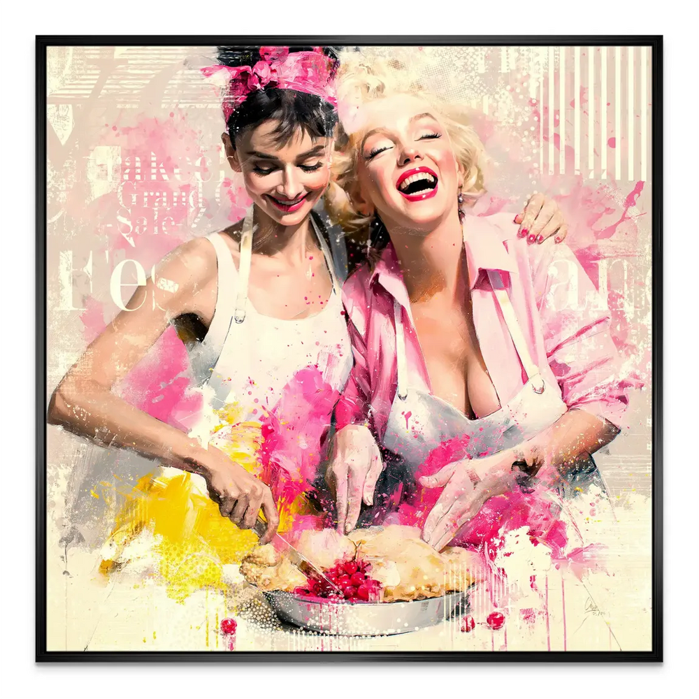 Berry pie centerpiece and lively colors highlight pop art-inspired wall decor.