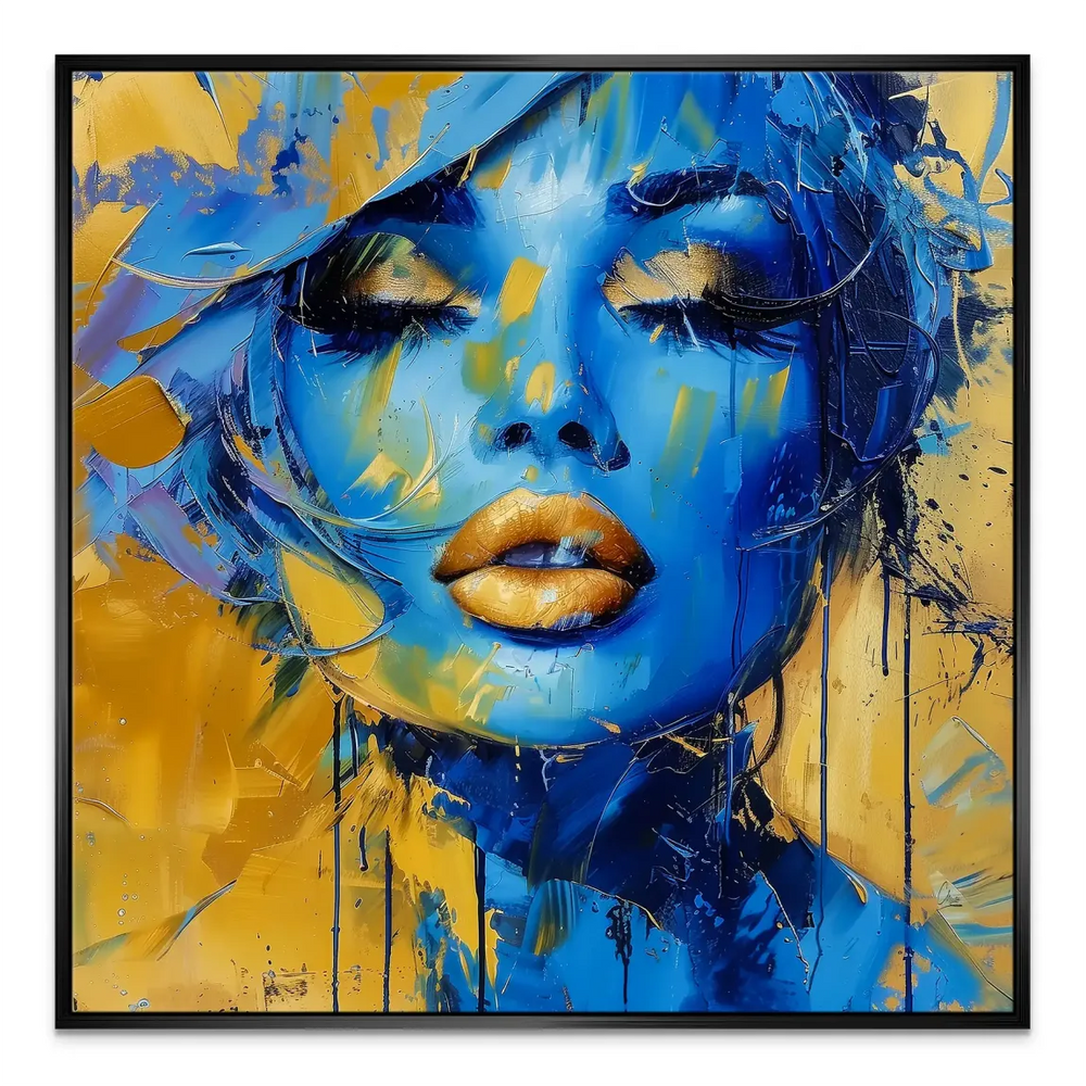 The Woman canvas art with blue hues and gold accents for minimalist interiors.