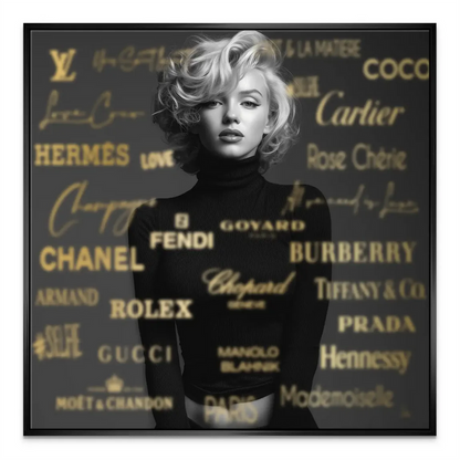 Luxurious fashion wall decor showcasing Marilyn Monroe against a gold-accented backdrop.