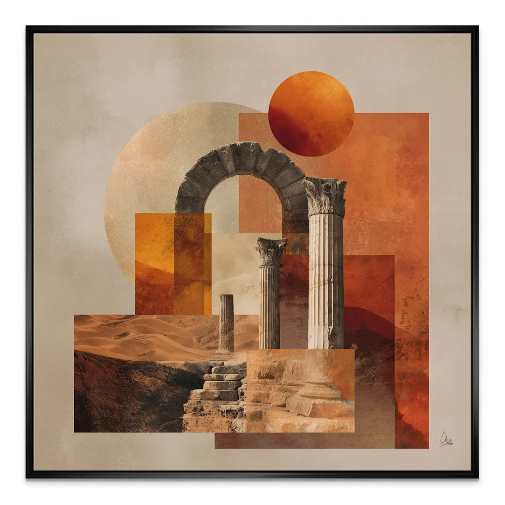 Contemporary collage-style canvas with realistic and translucent geometric elements on a desert backdrop.