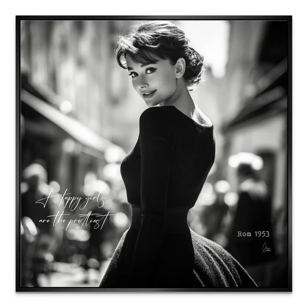 Elegant black dress and poised smile captured in vintage canvas art