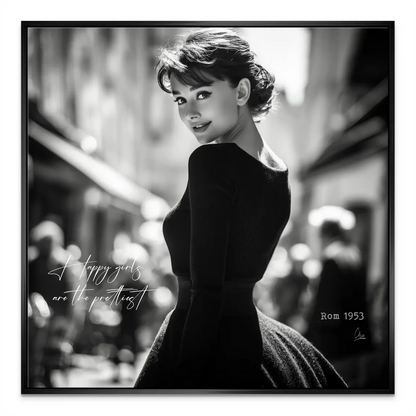 Elegant black dress and poised smile captured in vintage canvas art