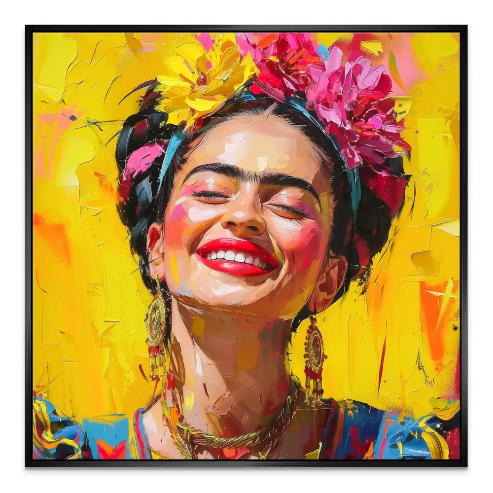 Impasto-inspired textures on Frida Viva canvas portrait against yellow backdrop