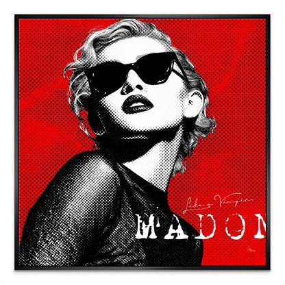 Vibrant red backdrop highlighting 1980s pop art composition