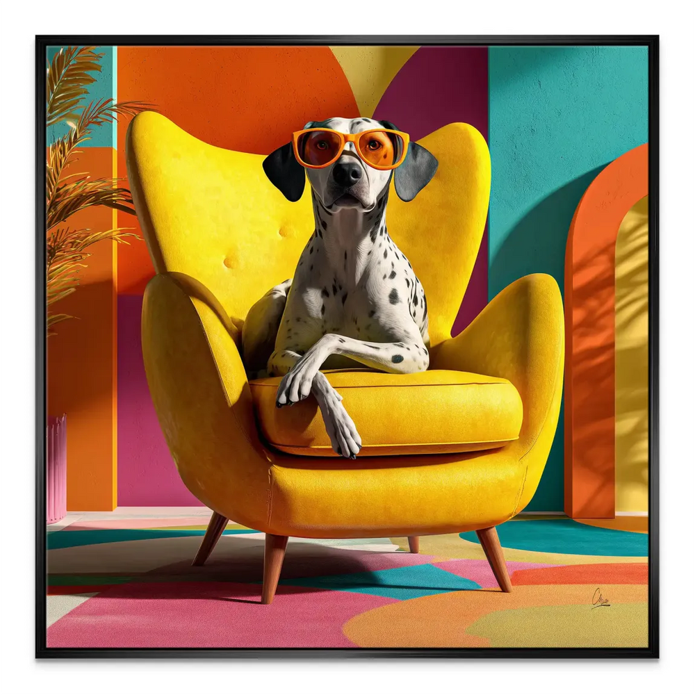 Bright yellow chair and playful composition creating optimistic wall decor