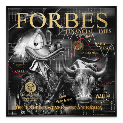 Gold typography and financial motifs on a monochrome canvas
