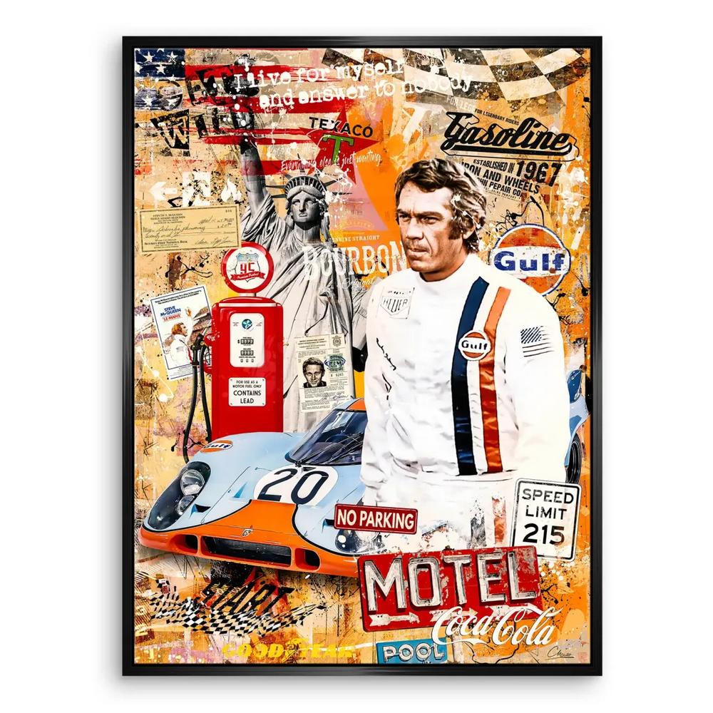A stylized Steve McQueen figure blends with Porsche imagery in a dynamic pop graffiti style.