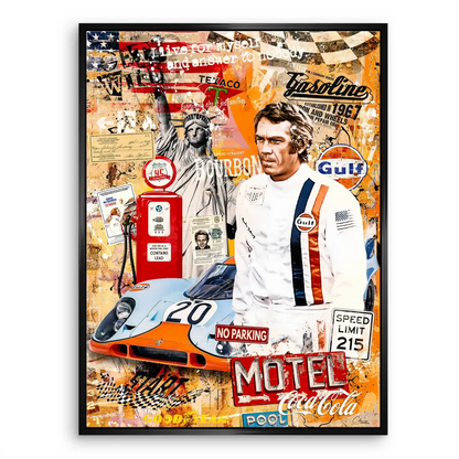 A stylized Steve McQueen figure blends with Porsche imagery in a dynamic pop graffiti style.
