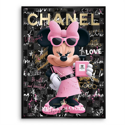Bedroom decor featuring pink, black, and gold Minnie Mouse wall art.