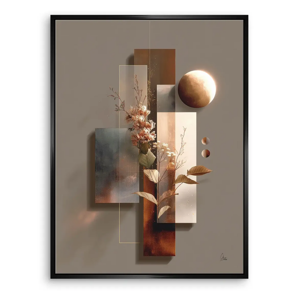 Muted palette of taupe, rust, beige with soft grey-blue tones in a minimalist canvas.