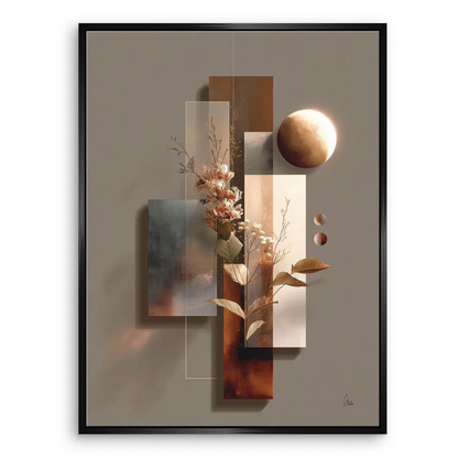 Muted palette of taupe, rust, beige with soft grey-blue tones in a minimalist canvas.