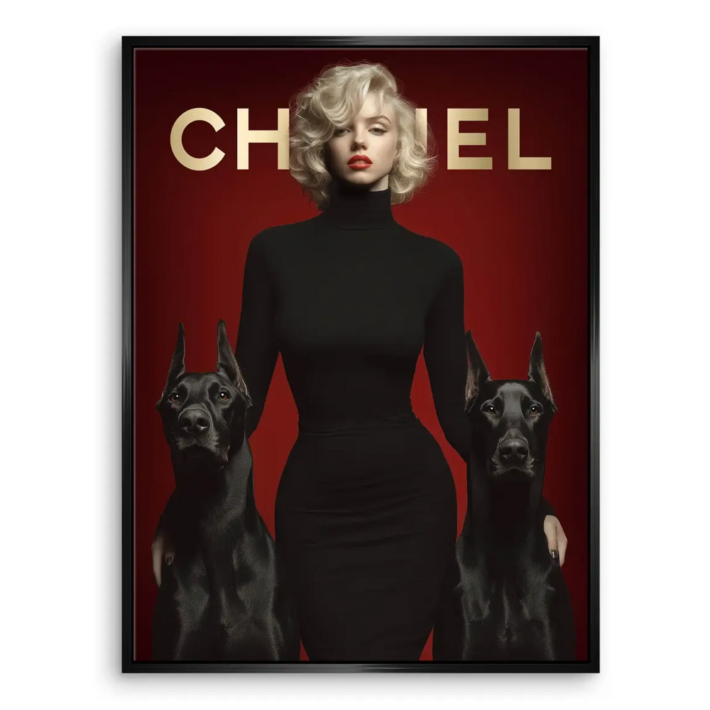 Gold CHANEL logo centered on deep red background with a stylish female figure in blonde hair