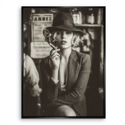 Vintage glamour shot in black-and-white tones emphasizing empowerment and mystery.