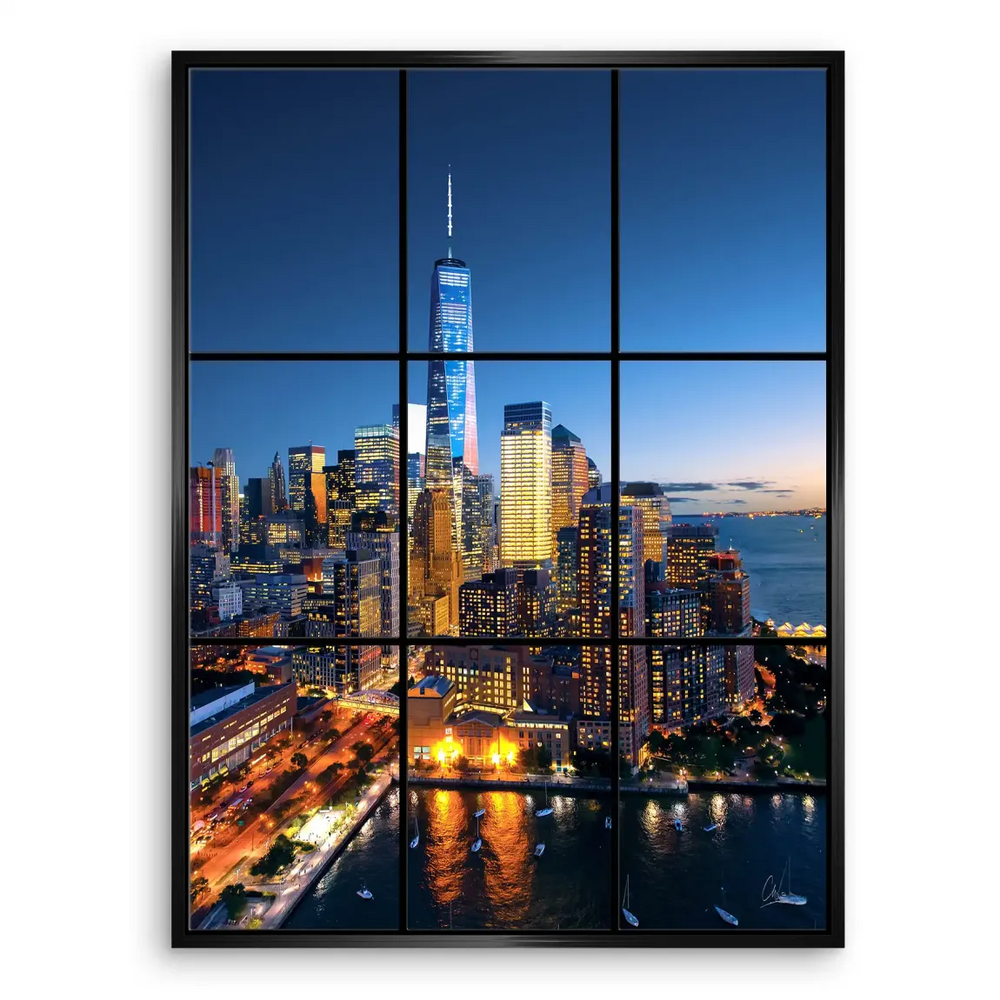 Calm waters reflect the glowing skyline in a tranquil waterfront scene.