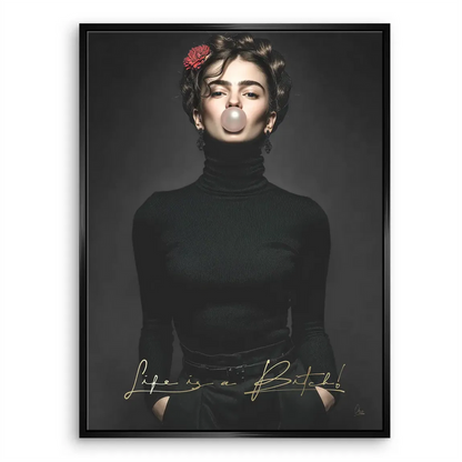 Outfit detail showing black turtleneck and dark trousers on the rebel canvas art