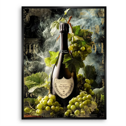 Moody textured background with subtle smoke behind a champagne bottle and grapes