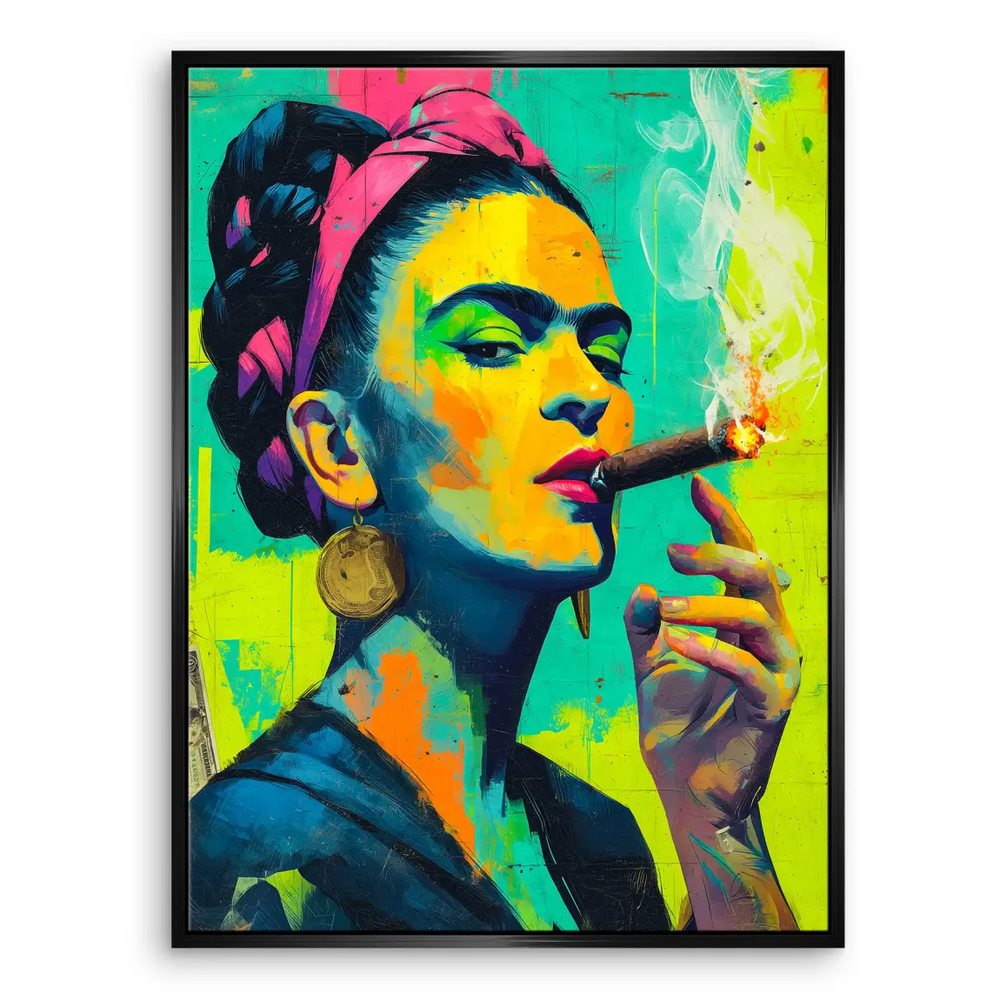 Neon color highlights in hot pink and electric blue framing Frida Kahlo's iconic portrait