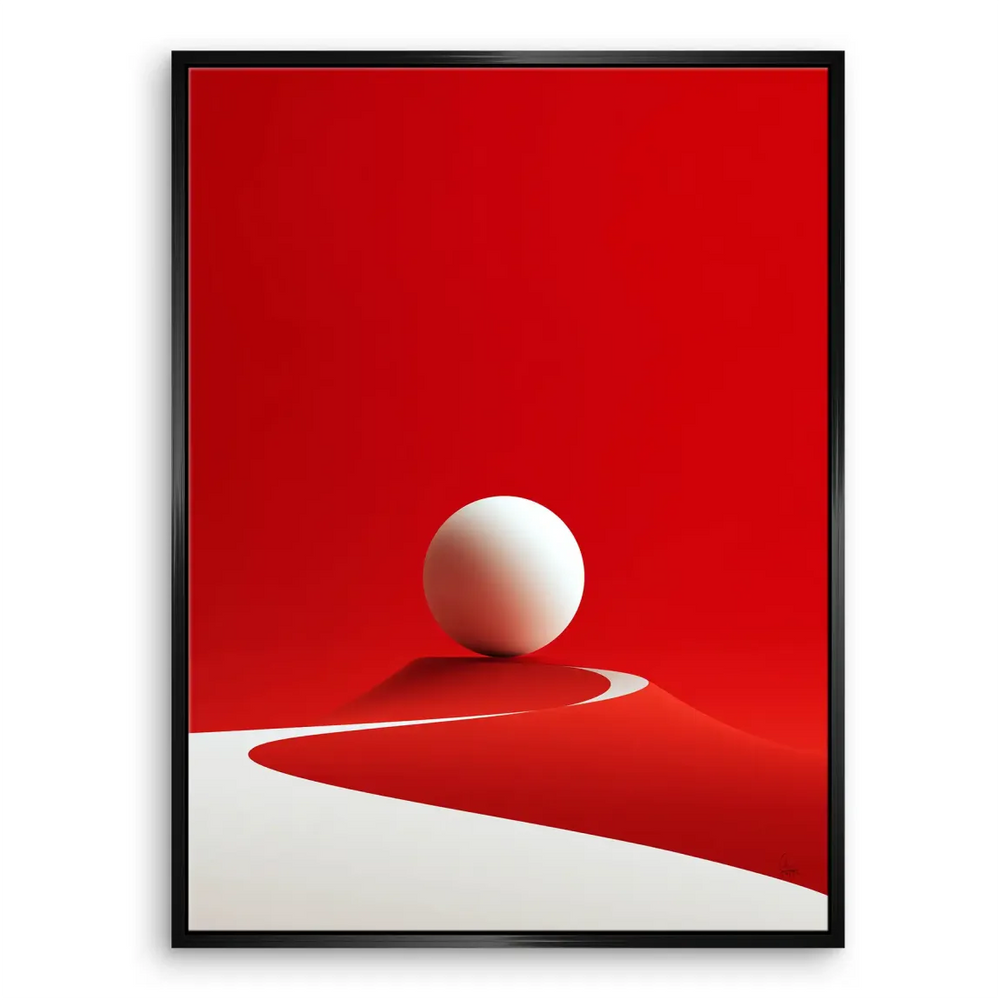White path weaving through crimson terrain in abstract wall art