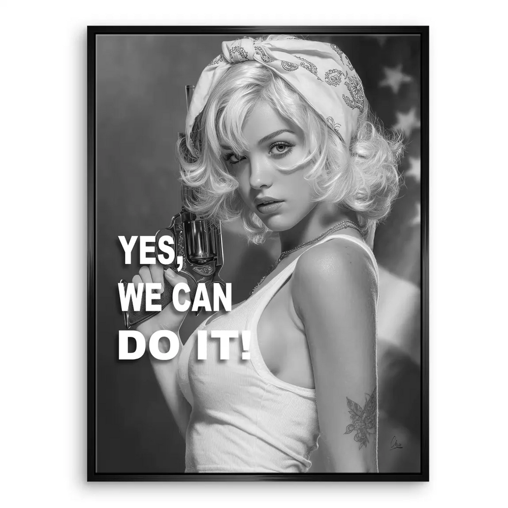 Living room wall art showing confident blonde woman with retro hairstyle