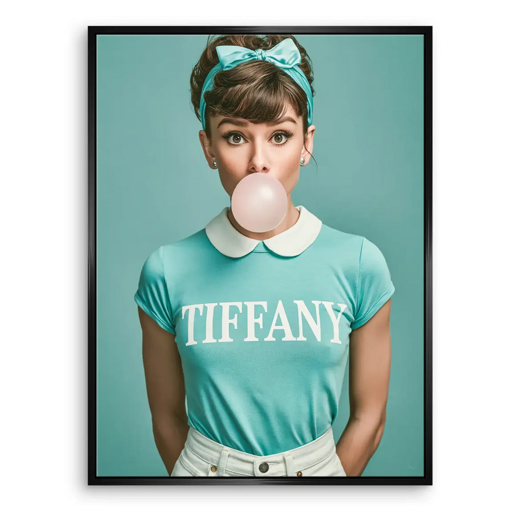 Bright Tiffany blue wall art with white collar and bubblegum bubble for contemporary spaces