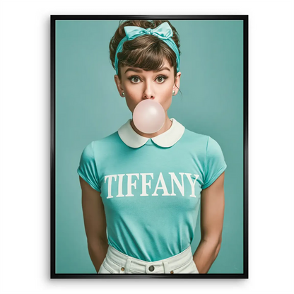 Bright Tiffany blue wall art with white collar and bubblegum bubble for contemporary spaces