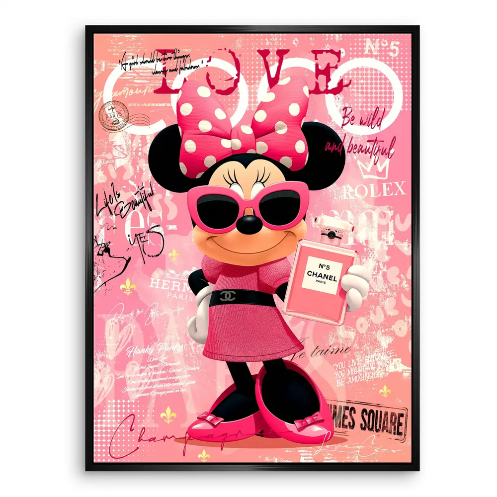 Graphic collage of brands and love phrases behind Minnie Mouse on modern canvas art