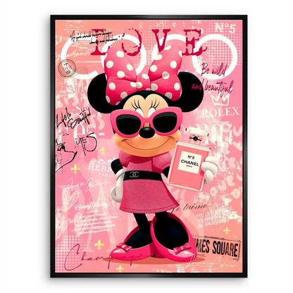 Graphic collage of brands and love phrases behind Minnie Mouse on modern canvas art