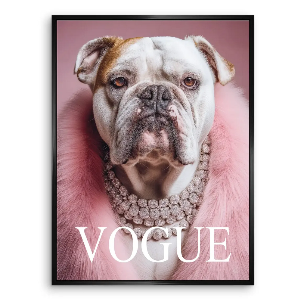 Luxurious wall art showing a bulldog in a glamorous fashion setting.