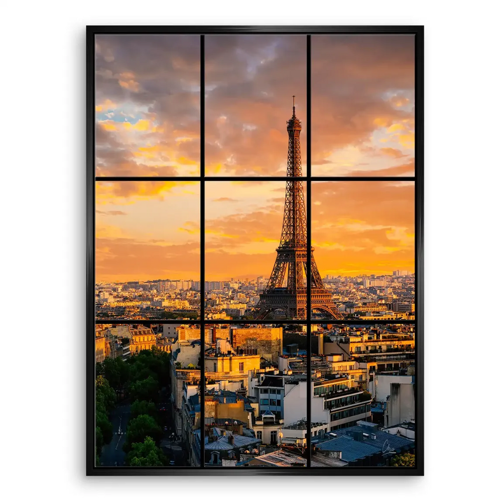 Window grid frame creating a 'view from' perspective over Paris.