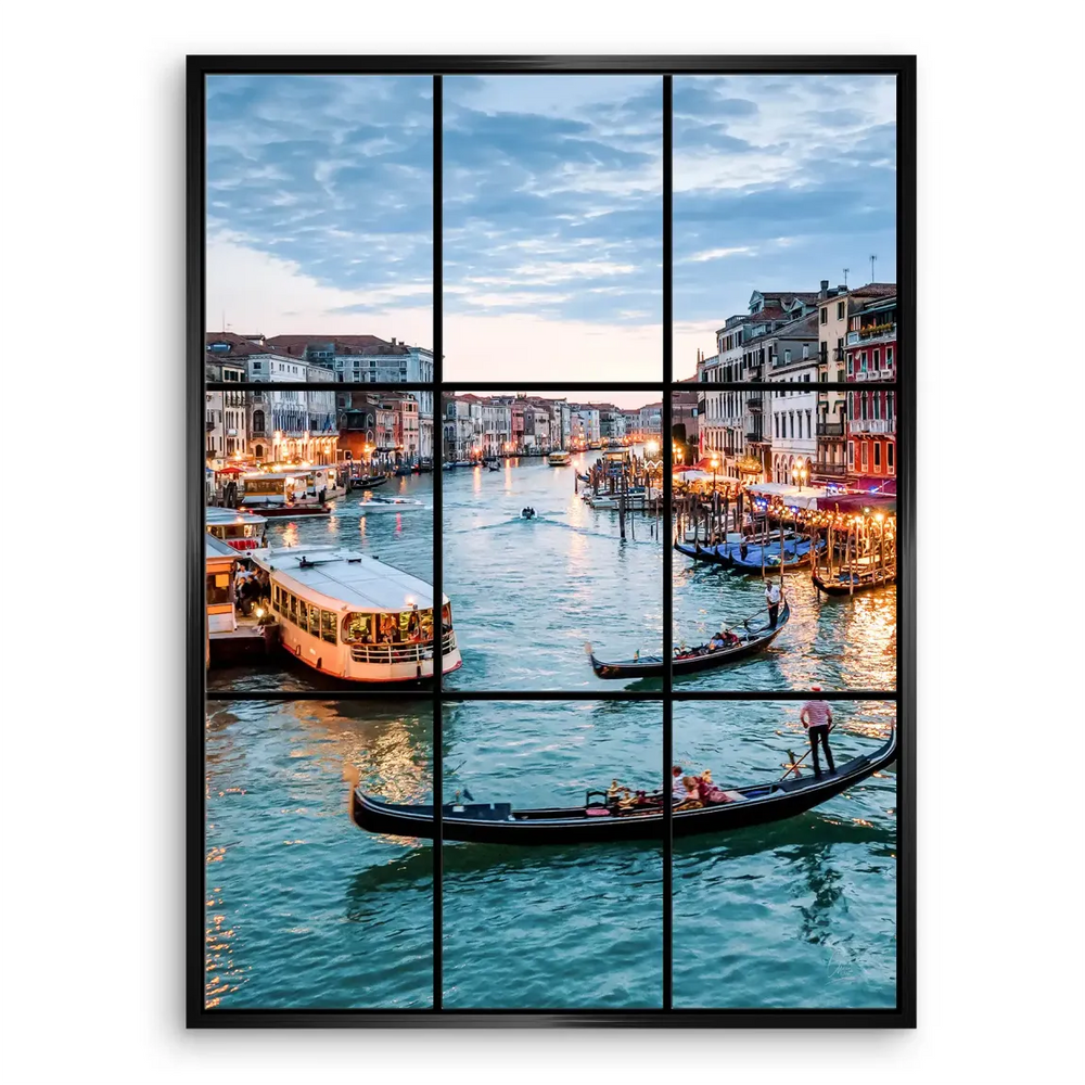 Window-like multi-panel grid presenting a Venetian canal scene