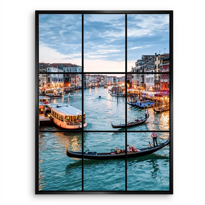 Window-like multi-panel grid presenting a Venetian canal scene