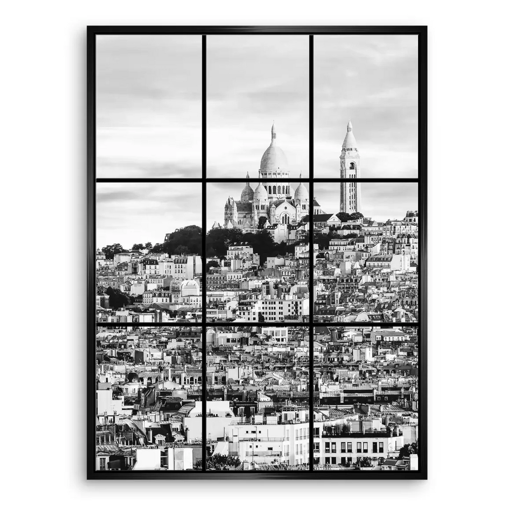 Chic urban canvas art with Parisian rooftops and skyline in black, white, and gray